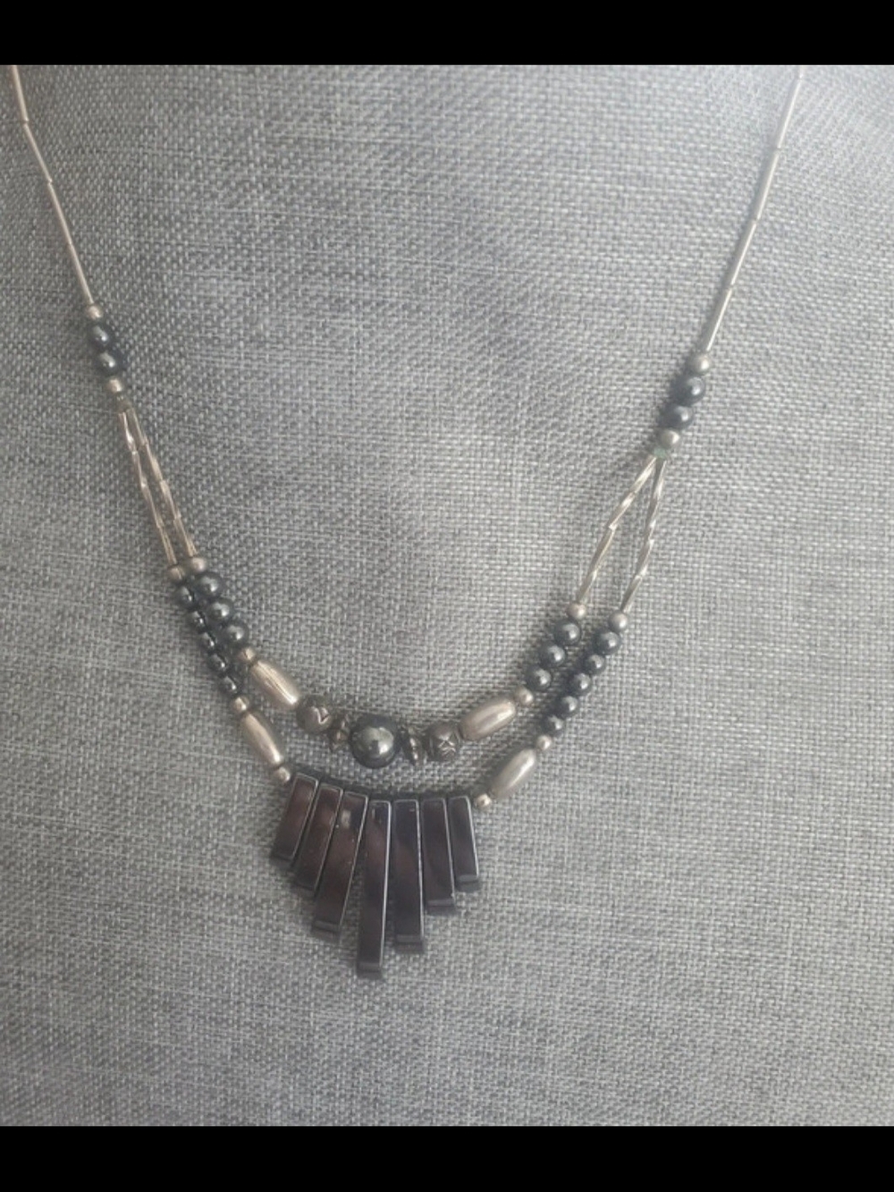 Vintage Hematite Multi-Strand Geometric Pendant Necklace